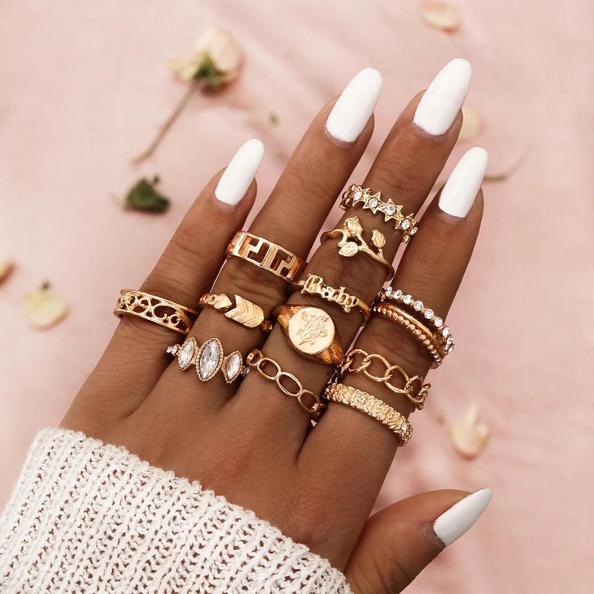 Boho Rose Baby 12-delige ringenset met tulp, ketting, pijl, gravure, ster, pentagram. Ideaal als cadeau voor baby's en meisjes. — foto 6