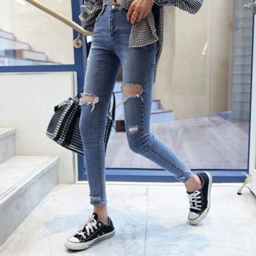 Title 5, Jeans strappati a vita alta stile coreano da do...