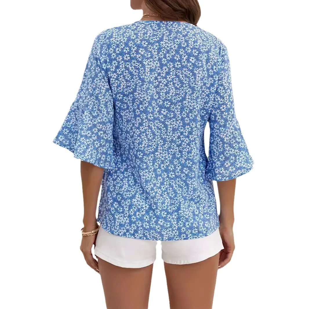 V-neck Chiffon Bell Sleeve Loose Short-sleeved Shirt. Comfortable, stylish, and perfect for warm weather. A lightweight — photo 9