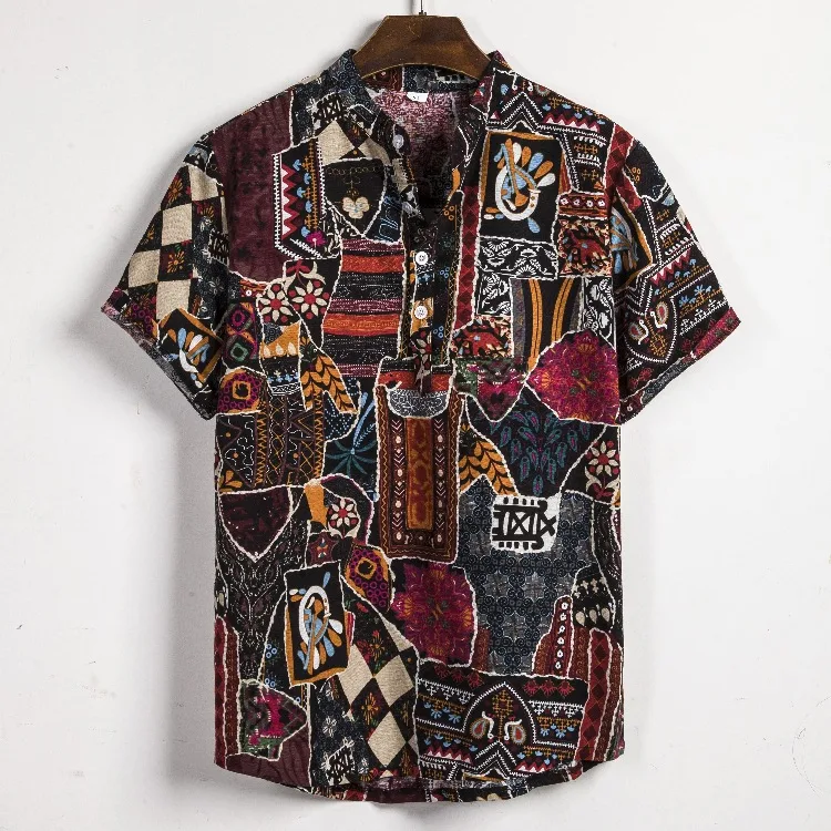 Men's Tropical Ethnic Print Cotton Linen Shirt for summer. Breathable, comfortable, and stylish with a unique design, pe — photo 51