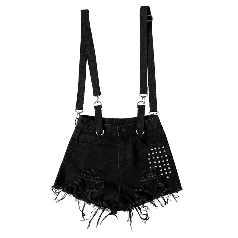 Ripped suspenders jean shorts for a trendy, casual look. Comfortable and stylish, perfect for everyday wear or a night o — photo 2