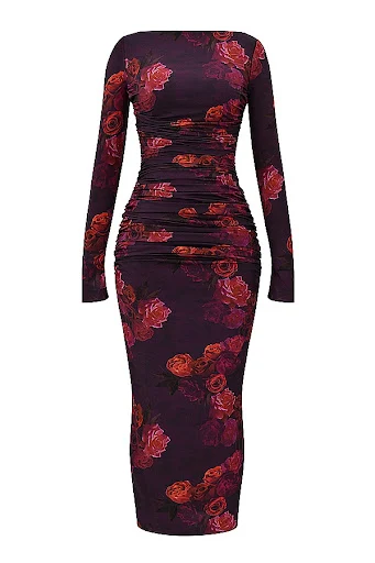 Title 2, Vintage Print Slim-fit Houfu Split Evening Dres...
