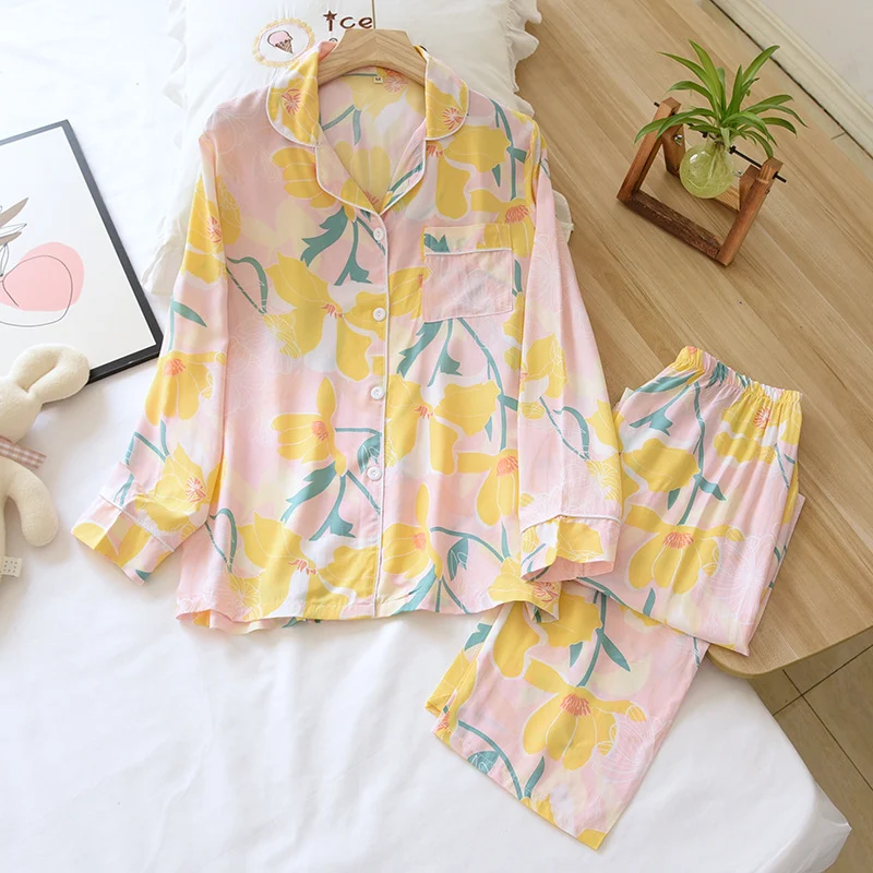 Women's Thin Two Piece Long Sleeve Cotton Silk Pajamas — photo 6