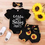 Conjunto de 3 peças para bebê Jaqueta com letras de manga curta Shorts de girassol Roupa infantil fofa e confortável para dias ensolarados — foto 11