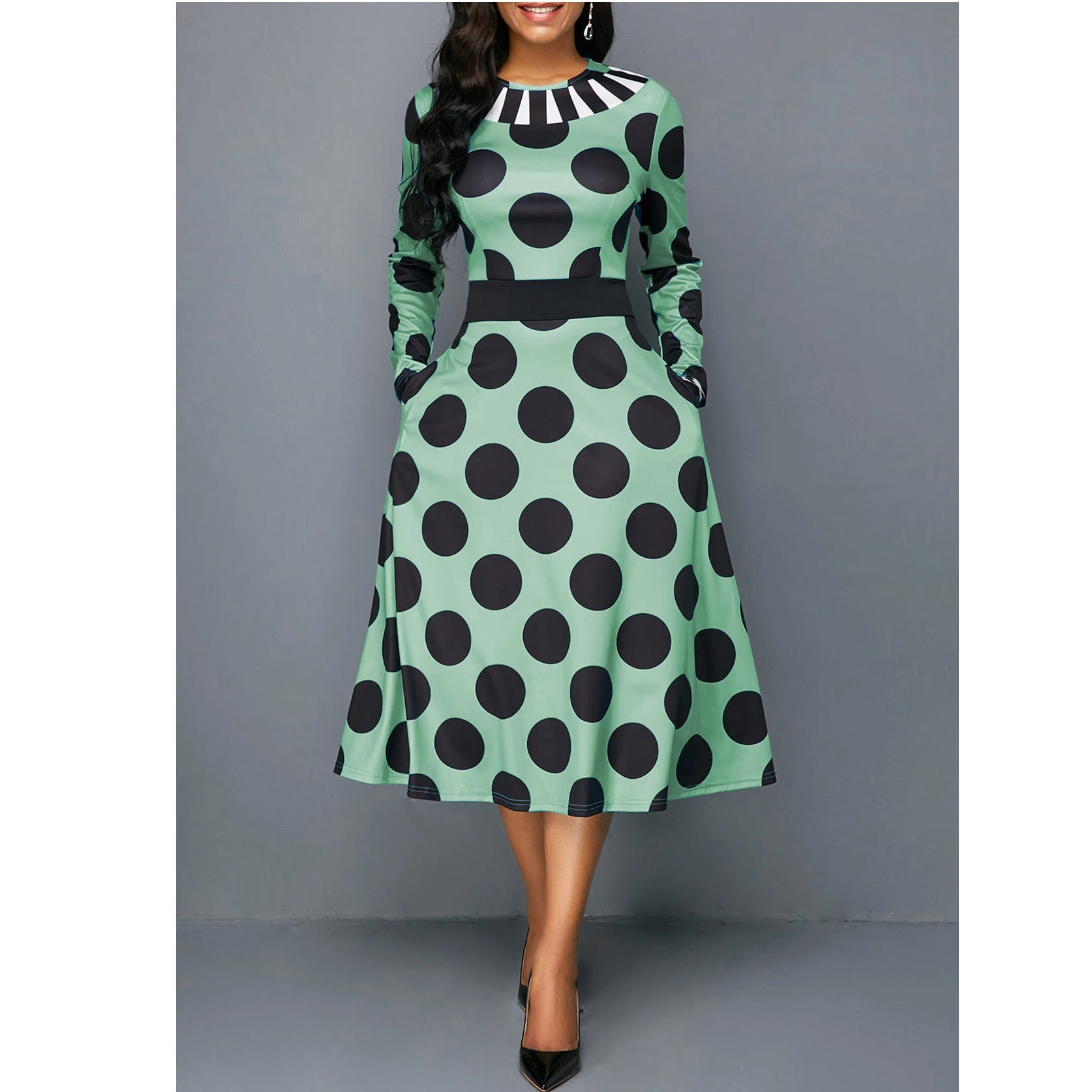 High Waist Polka Dot Vintage Swing Skirt with Pockets and Long Sleeves. A classic style with modern convenience. — photo 2