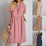 Cotton Linen Round-neck Short Sleeve Pocket Pleated Loose Dress — photo 5