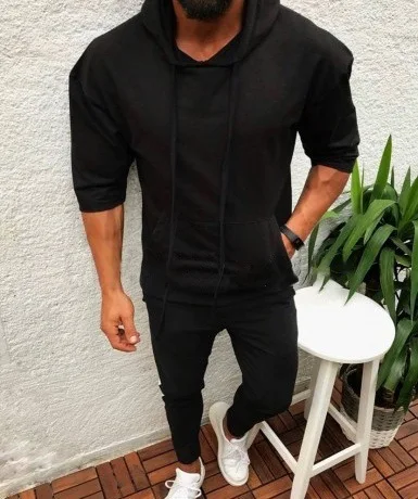Title 7, Mens hooded sports solid color half sleeve t-s...