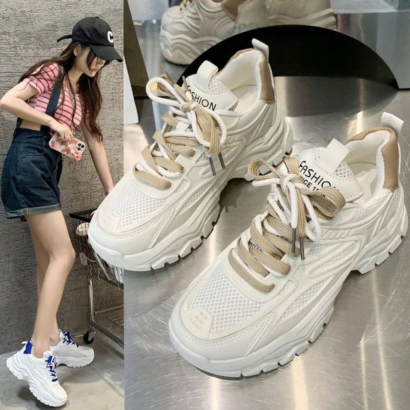 Title 18, White Mesh Breathable Shoes with Thick Bottom a...