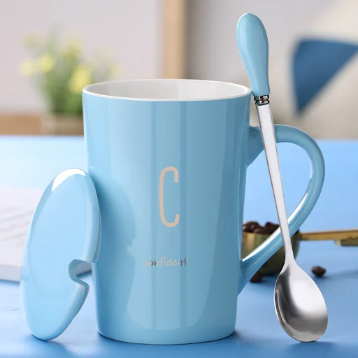 Title 7, Ceramic Mug With Lid and Spoon for Couples. Tre...