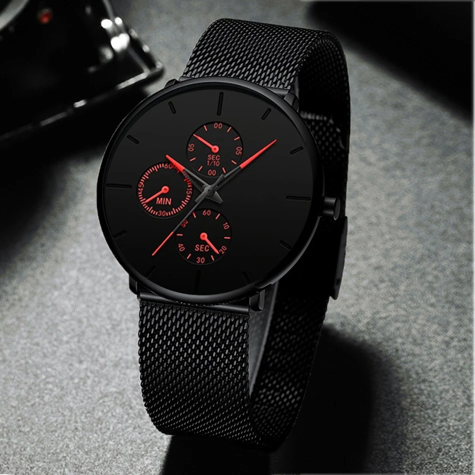 Relógio masculino com pulseira de malha ultrafina e temperamento fashion. Um acessório elegante para homens que buscam sofisticação e estilo. Ideal para o dia a dia. — foto 1