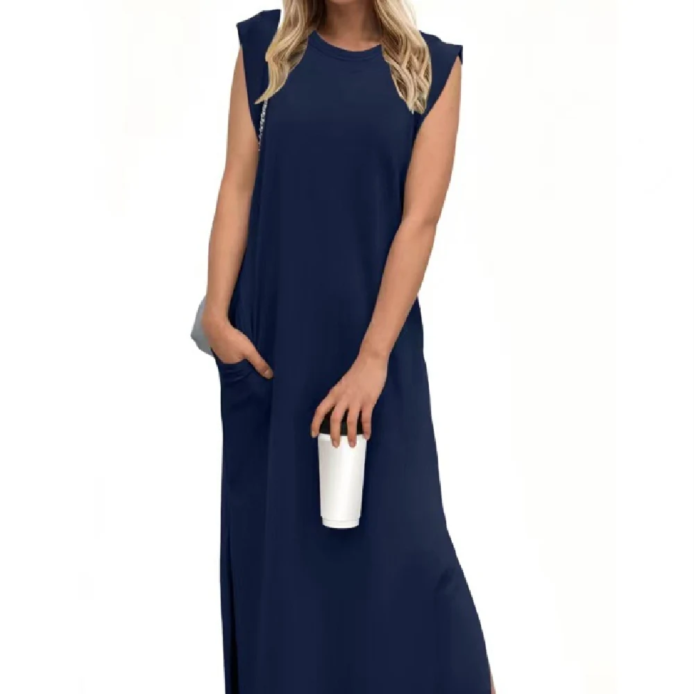 Title 8, Summer Sleeveless Slit Dress With Pockets Casua...