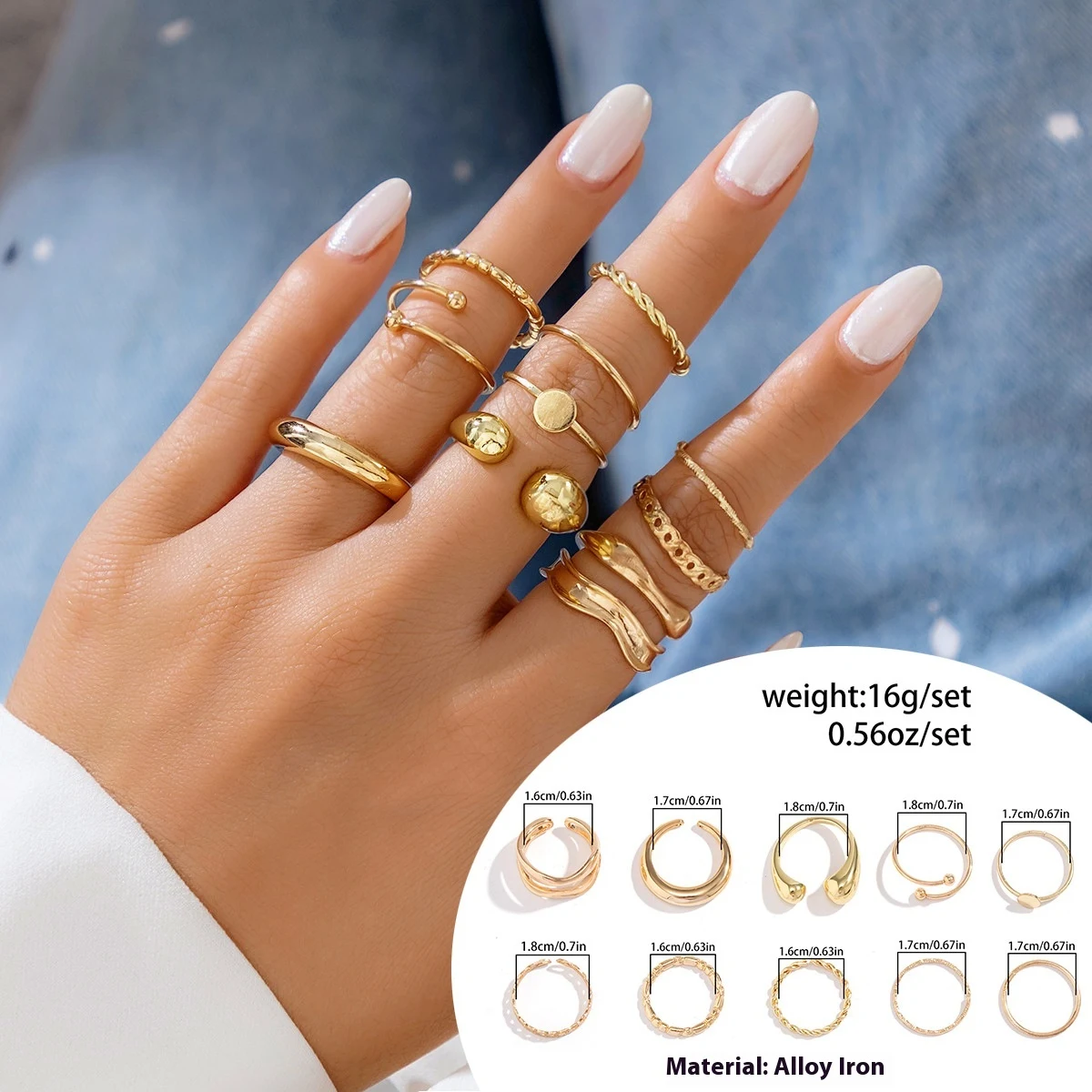 Conjunto de Anéis Abertos Esféricos Lisos Exagerados Adicione um toque de sofisticação ao seu visual com este conjunto de anéis moderno e elegante — foto 6