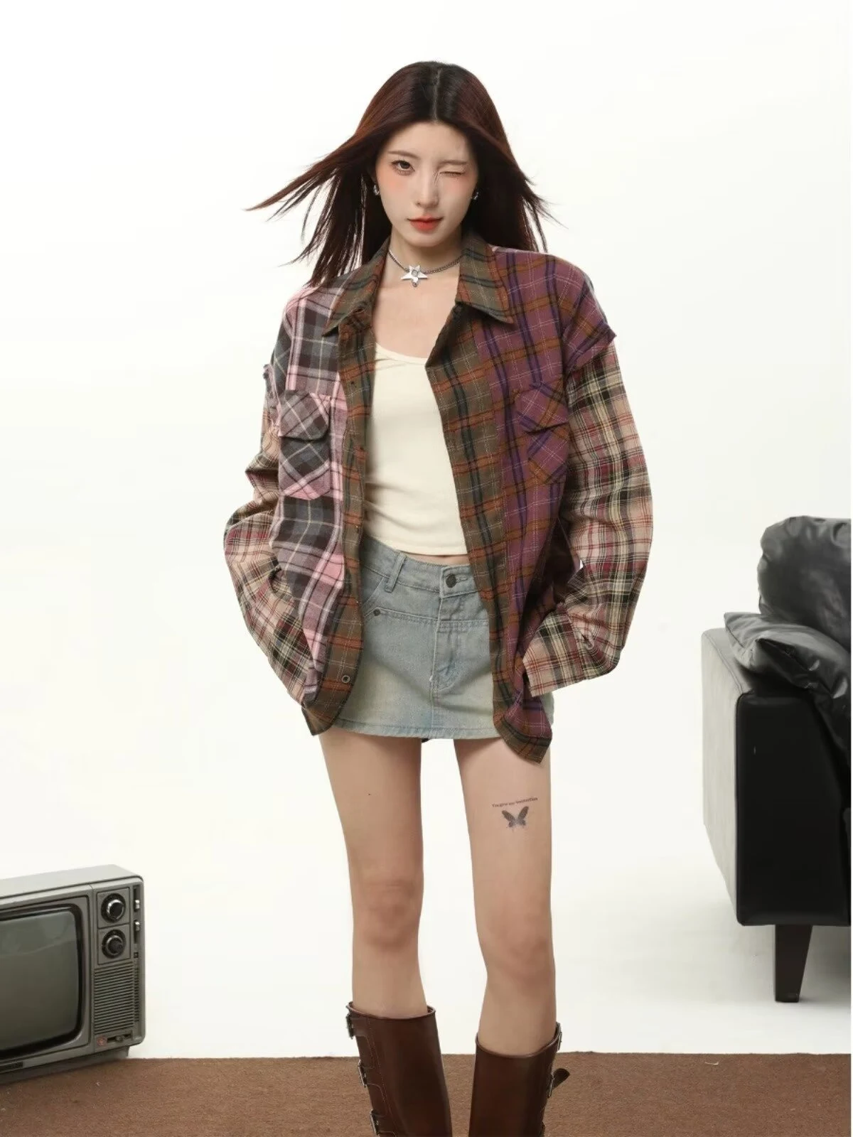 Title 2, Womens Plaid Shirt Autumn Winter Retro Maillar...