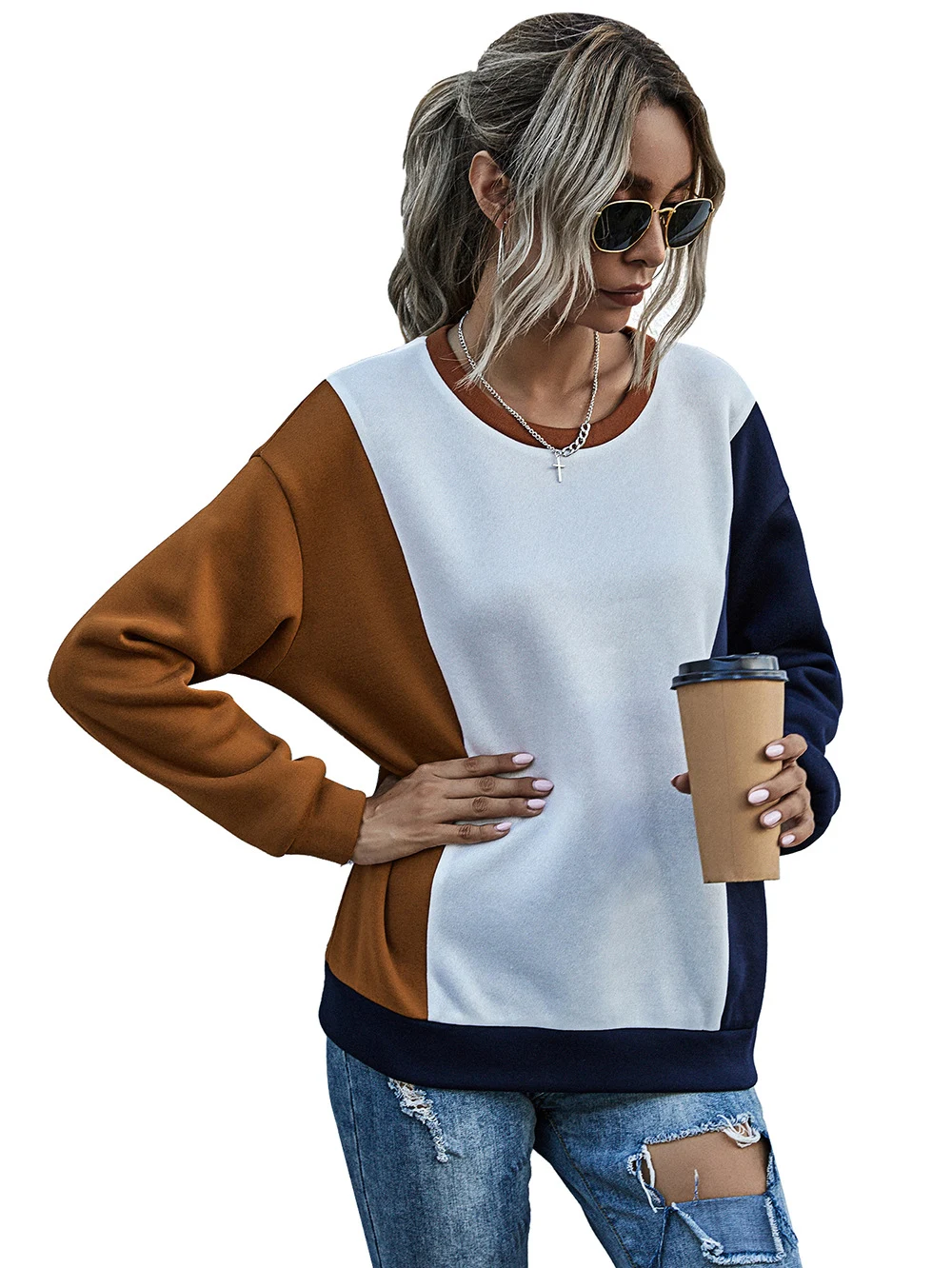 Title 26, Suéter Pullover com Costura Contrastante, Solto...