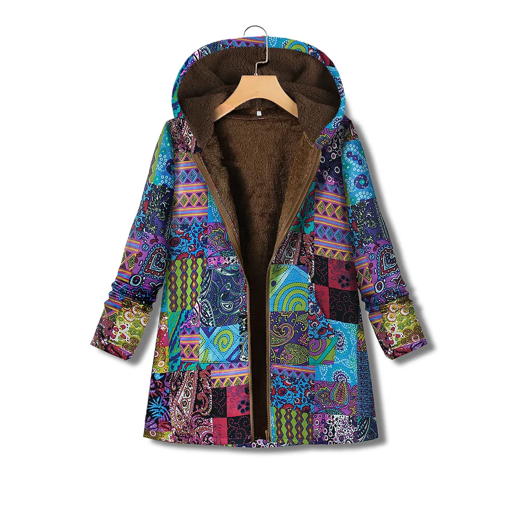 Title 3, Printed cotton linen Hooded Coat with zipper fo...