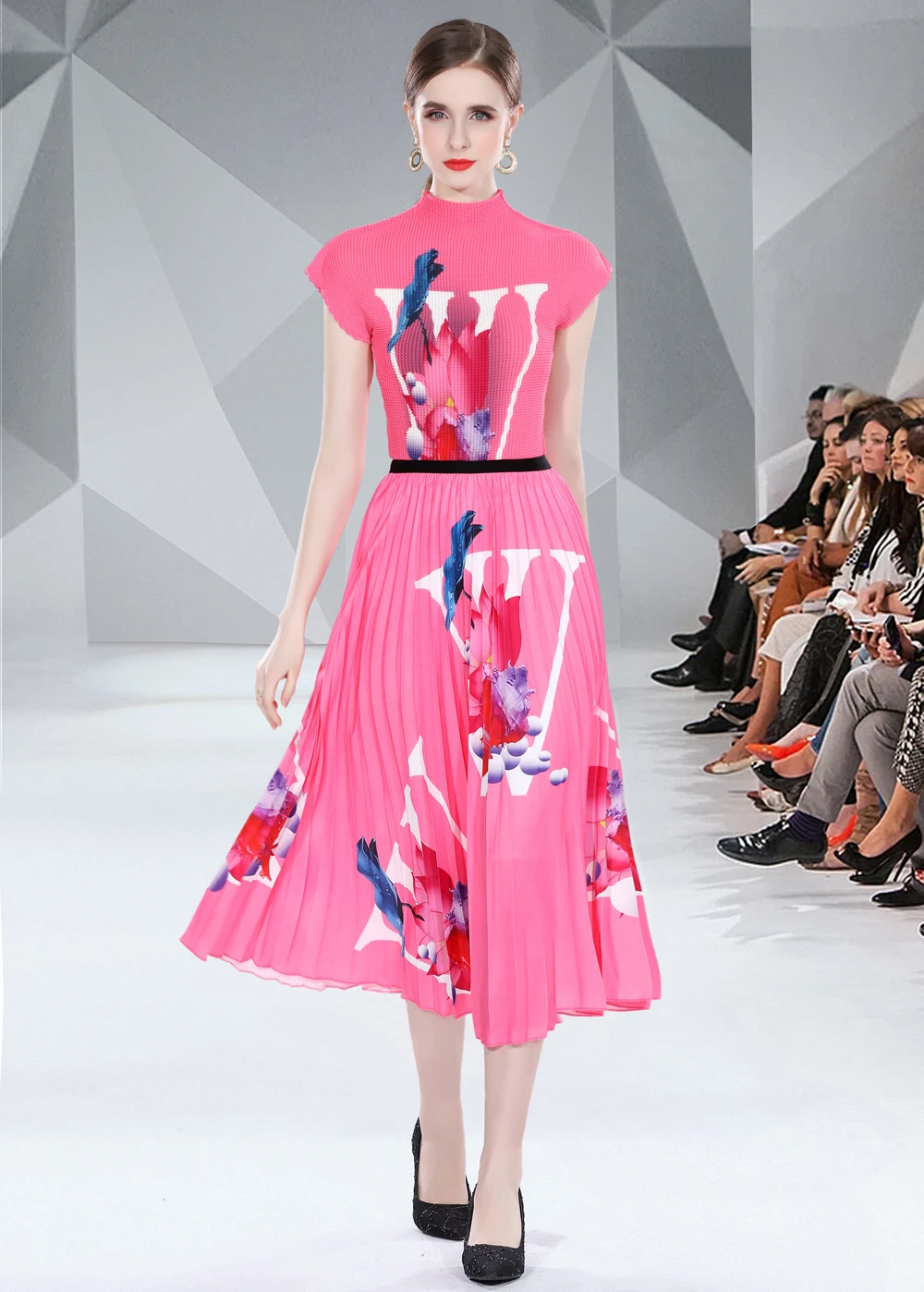 Printing Suit Women's Stand Collar T-length Pleated Skirt Two-piece Set — photo 3