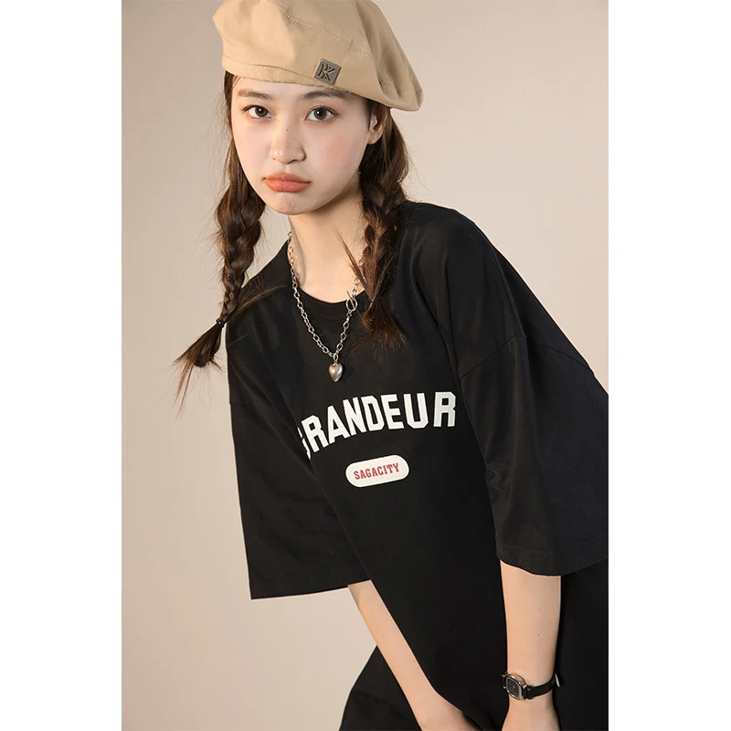 Title 2, Camiseta Vintage Americana com Manga Curta Solt...