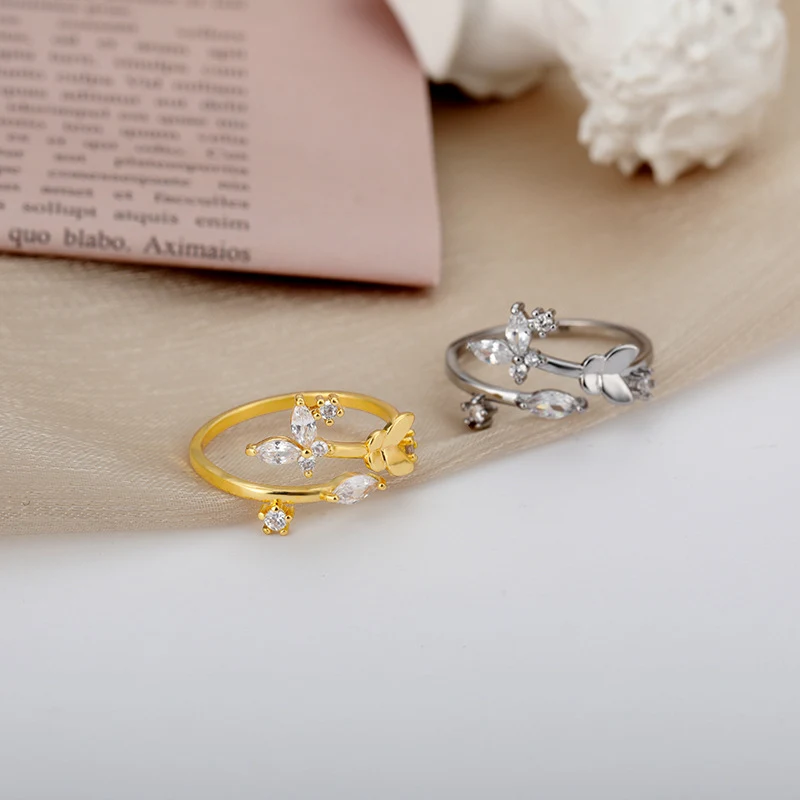 Anel de Dedo Indicador Ajustável com Zircônia e Flores Frescas para Mulheres. Joia Fashion com Abertura e Design Elegante. — foto 12