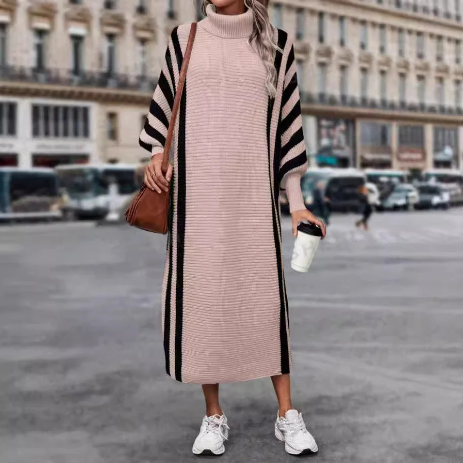 Casual unisex-stijl gestreepte lange gebreide jurk — foto 9