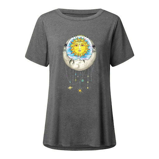Title 8, Womens Fashion Simple Sun Face Print Round Nec...