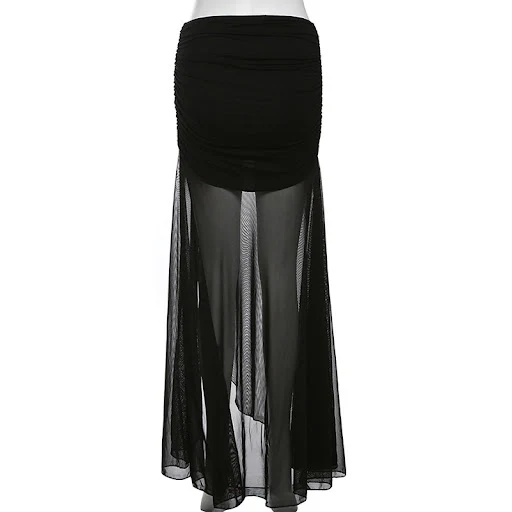 Title 5, Black Mesh Transparent Slit Pleating Long Dress...