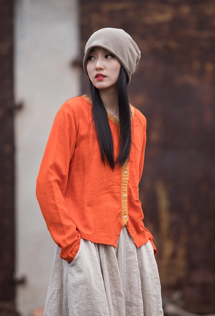 Artistic Retro Contrast Color Design Cotton And Linen New Round Neck Loose Shirt — photo 5