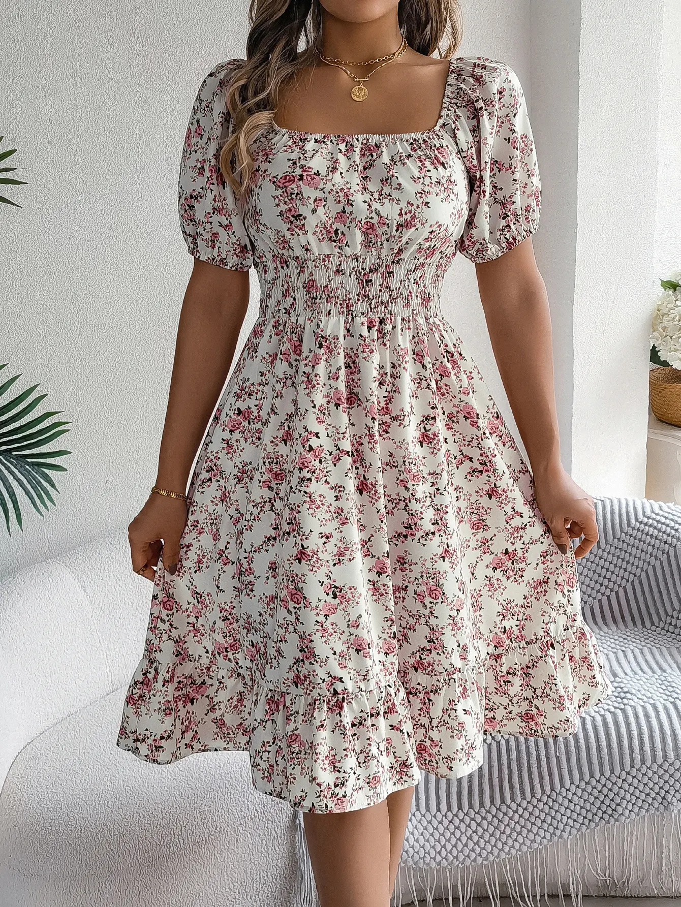 Title 8, Floral Print Square Collar Dress Summer Fashion...