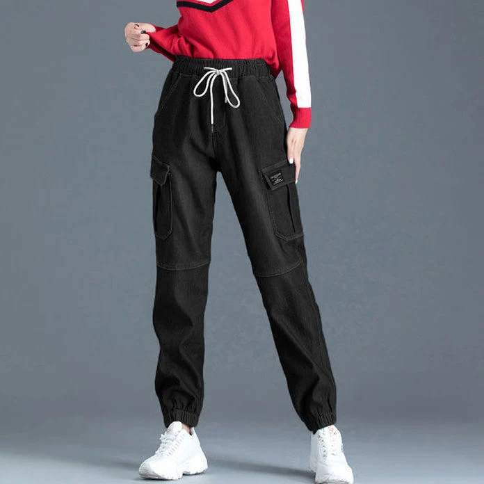 Calças jeans cargo femininas soltas de cintura alta com cinto, oferecendo conforto e estilo para um visual moderno e despojado, perfeitas para diversas ocasiões. — foto 2