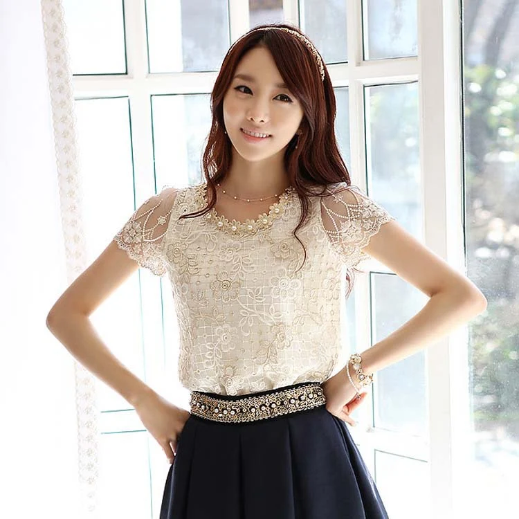 Title 8, Chiffon Lace Ladies Beaded Print Short Sleeve N...