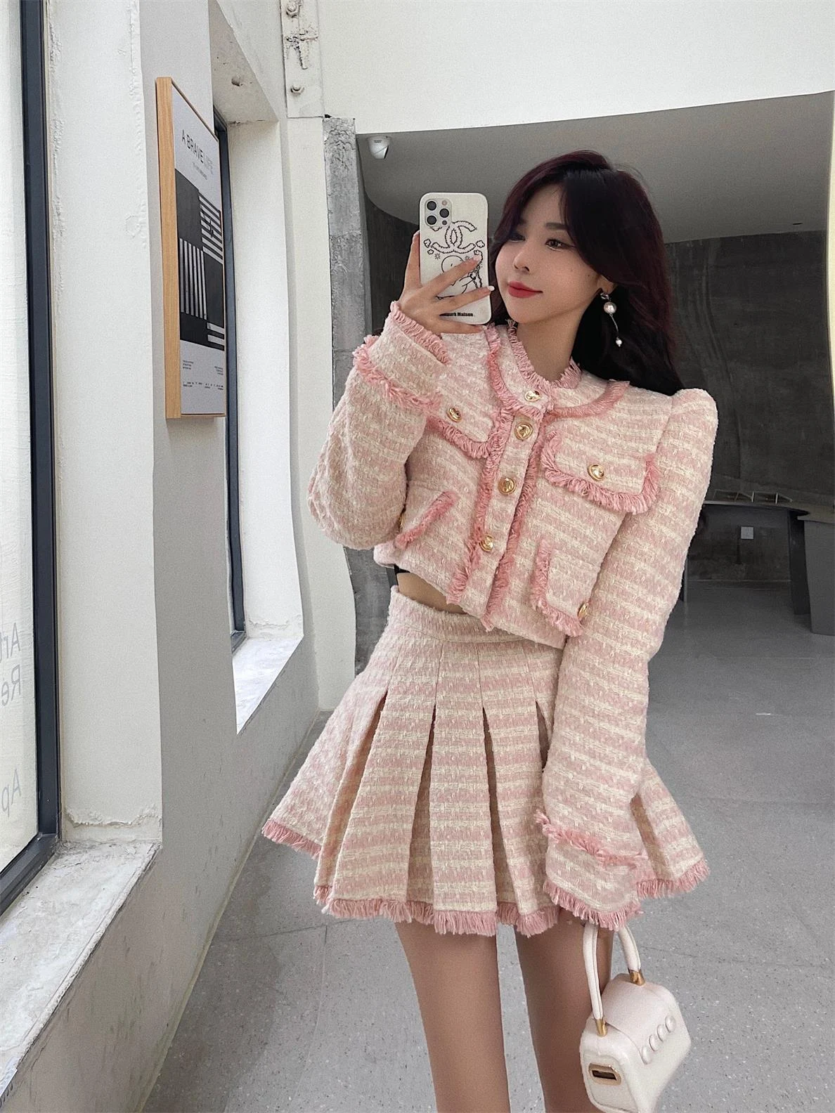 Title 1, Tassel Tweed Coat High Waist Pleated Skirt Suit...