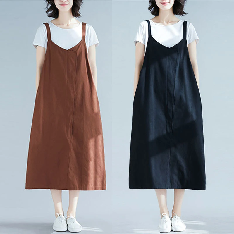 Vestido solto de alças em algodão e linho com costura solta, cor sólida, perfeito para um visual casual e confortável no verão. — foto 5