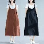 Vestido solto de alças em algodão e linho com costura solta, cor sólida, perfeito para um visual casual e confortável no verão. — foto 5