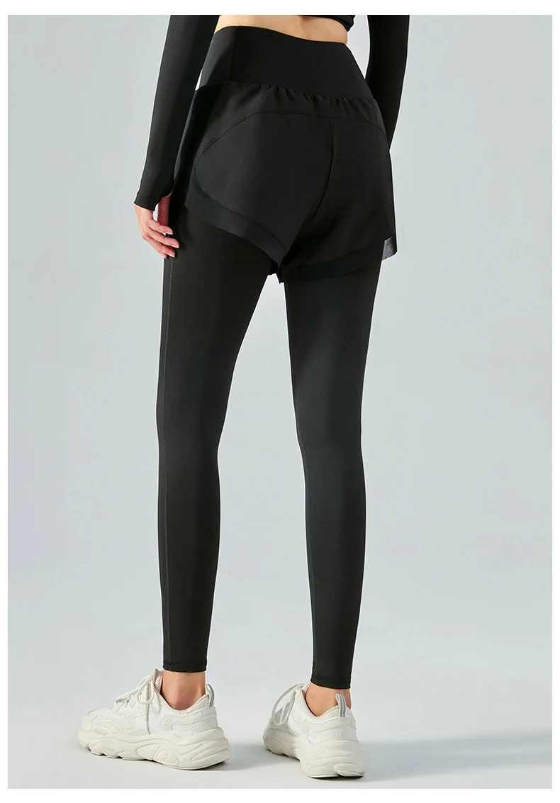 Leggings de malha de duas peças falsas, cintura alta elástica, anti-exposição, ideais para exercícios e uso diário, modelam e garantem conforto — foto 6