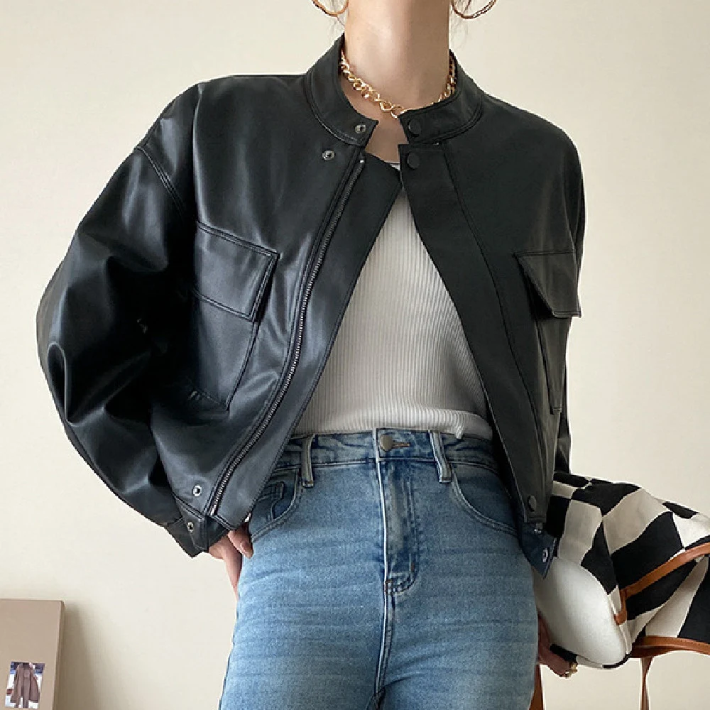 Title 10, Womens Casual Small Stand Collar Leather Jacke...