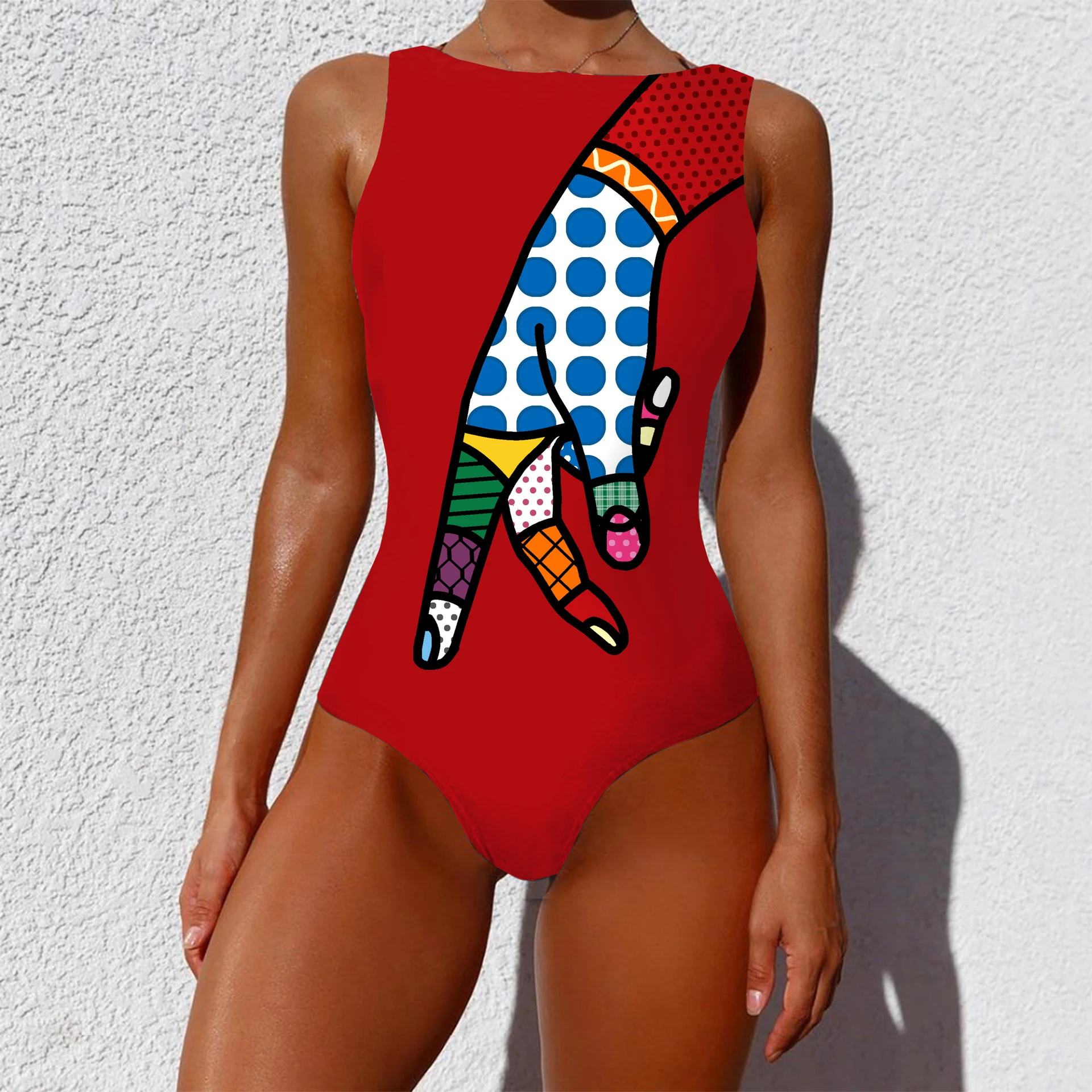 Women's One-Piece Vintage Abstract Print Swimsuit Sleeveless Round Neck Bikini Swimwear Summer Push Up, stylish beach fa — photo 1