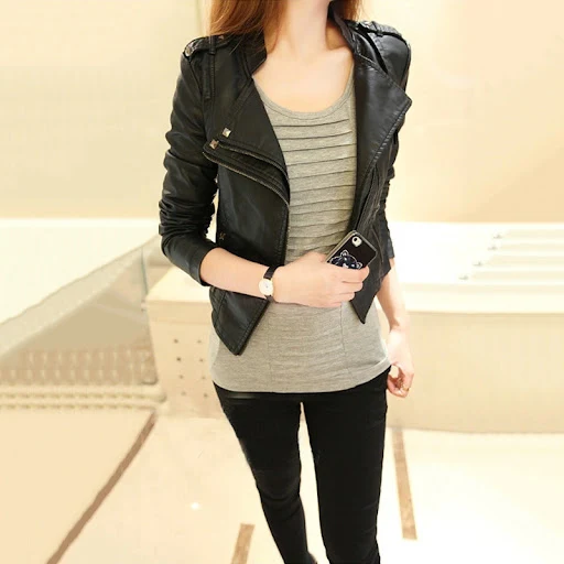Title 3, Autumn cropped PU leather stand-up collar jacke...