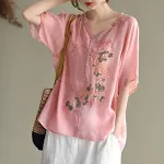 Camiseta de verão com bordado artístico de orelha de madeira, leve e fresca, perfeita para dias ensolarados, estilo único e confortável. — foto 9