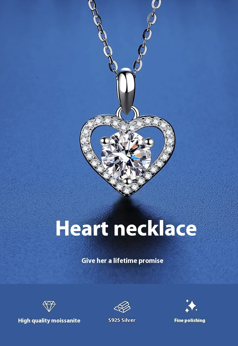 Anello con moissanite in argento sterling e collana a cuore da donna, catenina girocollo, un regalo romantico e raffinato. — foto 10