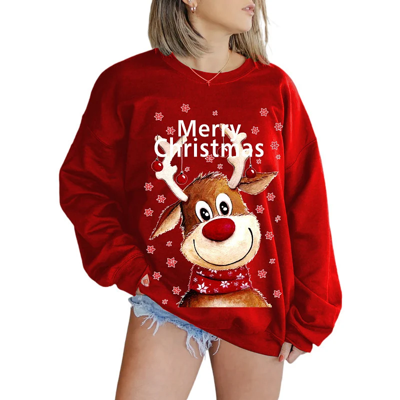 Felpa donna natalizia con simpatico cervo prugna stampato in 3D, girocollo e maniche lunghe. Comoda e perfetta per le feste. — foto 3