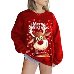 Felpa donna natalizia con simpatico cervo prugna stampato in 3D, girocollo e maniche lunghe. Comoda e perfetta per le feste. — foto 3