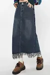 Saia longa jeans plus size, estilo Hong Kong, outono, cintura alta, modeladora, com franjas, corte A, acima do joelho. — foto 4