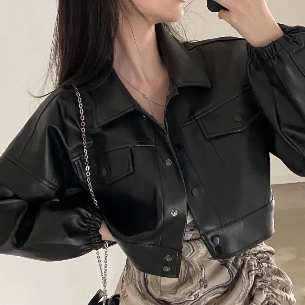 Title 20, Chic Lapel Double Pocket Leather Top Leather Co...