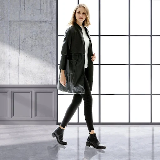 Title 4, Large Black Long Collar Slim Leather Coat For Lady