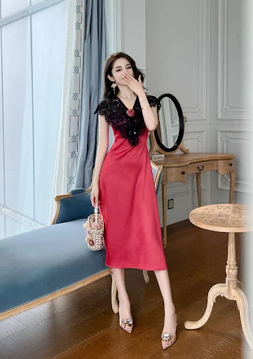 Title 7, Womens Satin Lace Stitching Ruffle Sleeve Dress