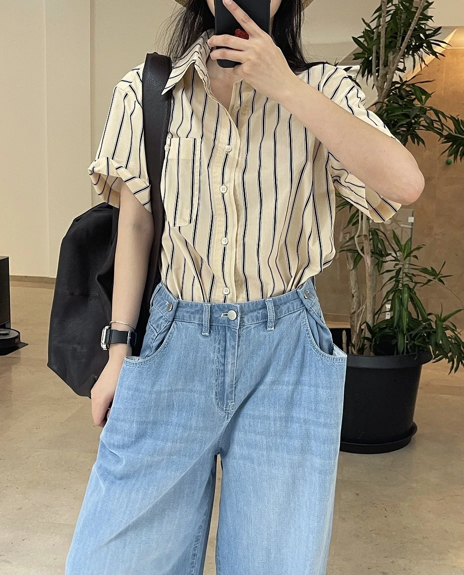 Title 14, New Literary Retro Lapel Striped Short-sleeved ...