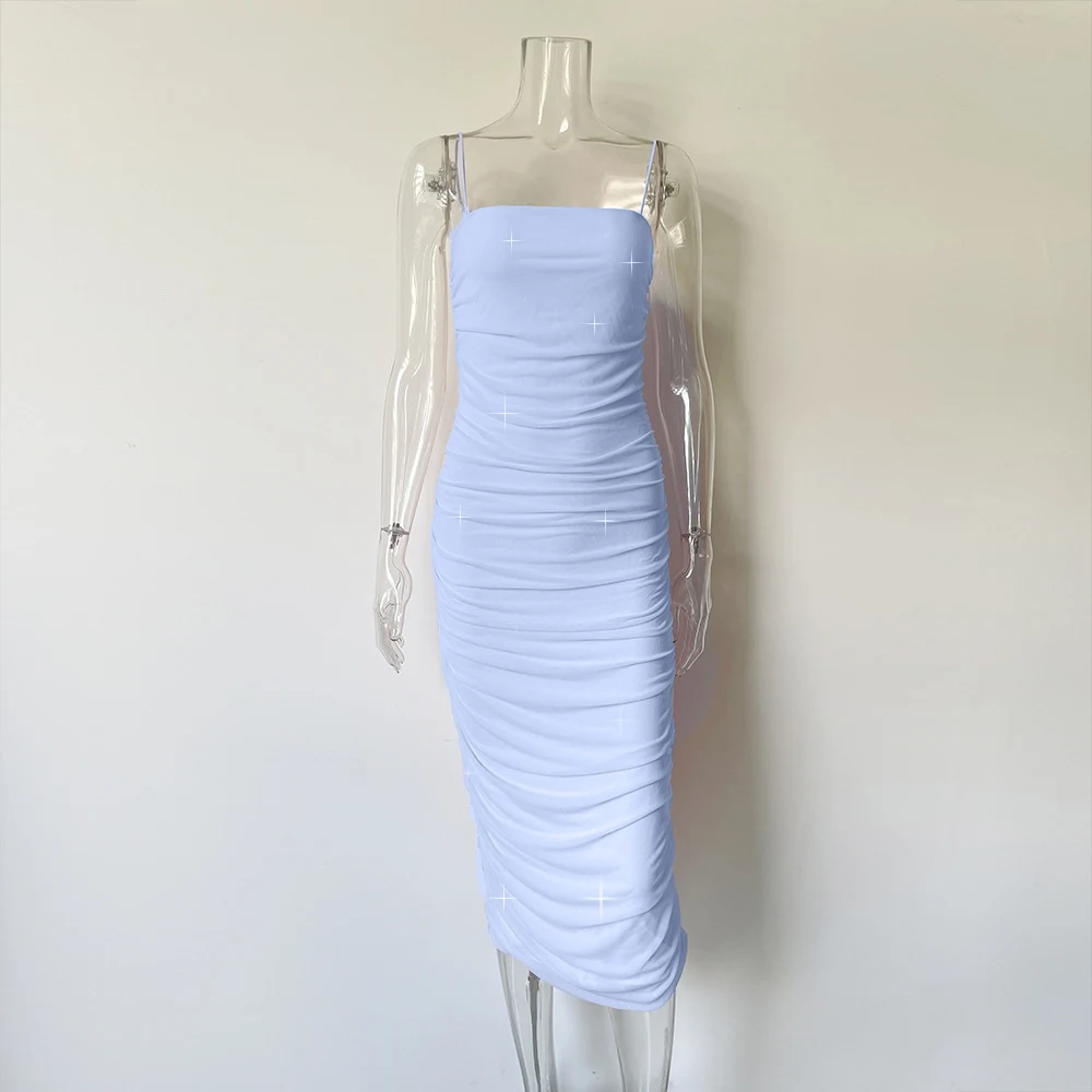 Title 16, Mesh Slim Fit Patchwork Pleated Long Sling Dress