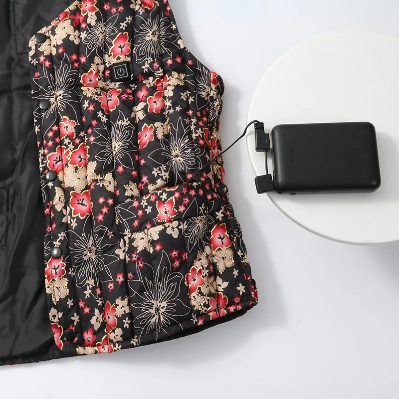 Traje de aquecimento com carregamento USB floral, aquece e carrega seus dispositivos. Perfeito para o frio, conforto e estilo em um só produto. — foto 2