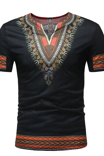 Title 2, African Ethnic Print Short-Sleeved V-Neck T-Shirt