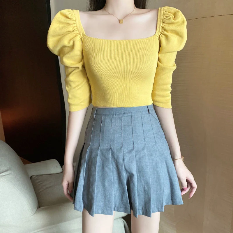Title 4, Womens Fashion Square Collar Puff Sleeve Slim ...