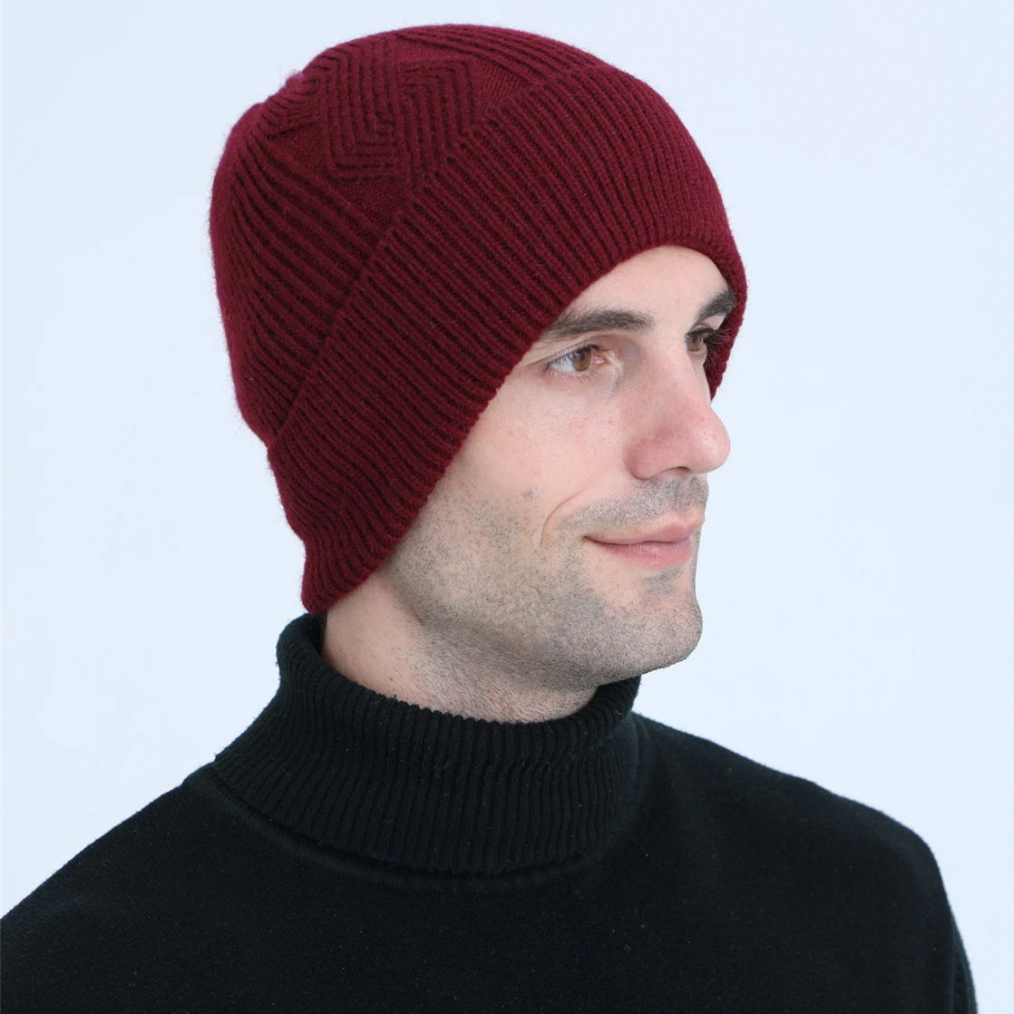 Touca masculina de lã grossa, tricotada e torcida, com forro polar quente, perfeita para o inverno, aquecimento ideal. — foto 6